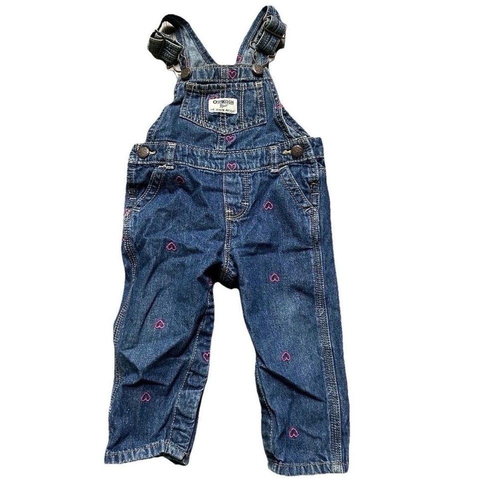 Baby Girl Oshkosh B’gosh Denim Overalls Embroidered Hearts Size 12 Months